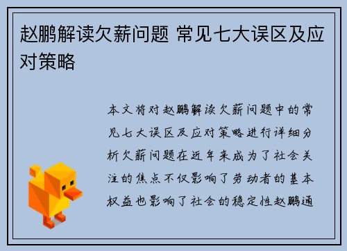 赵鹏解读欠薪问题 常见七大误区及应对策略